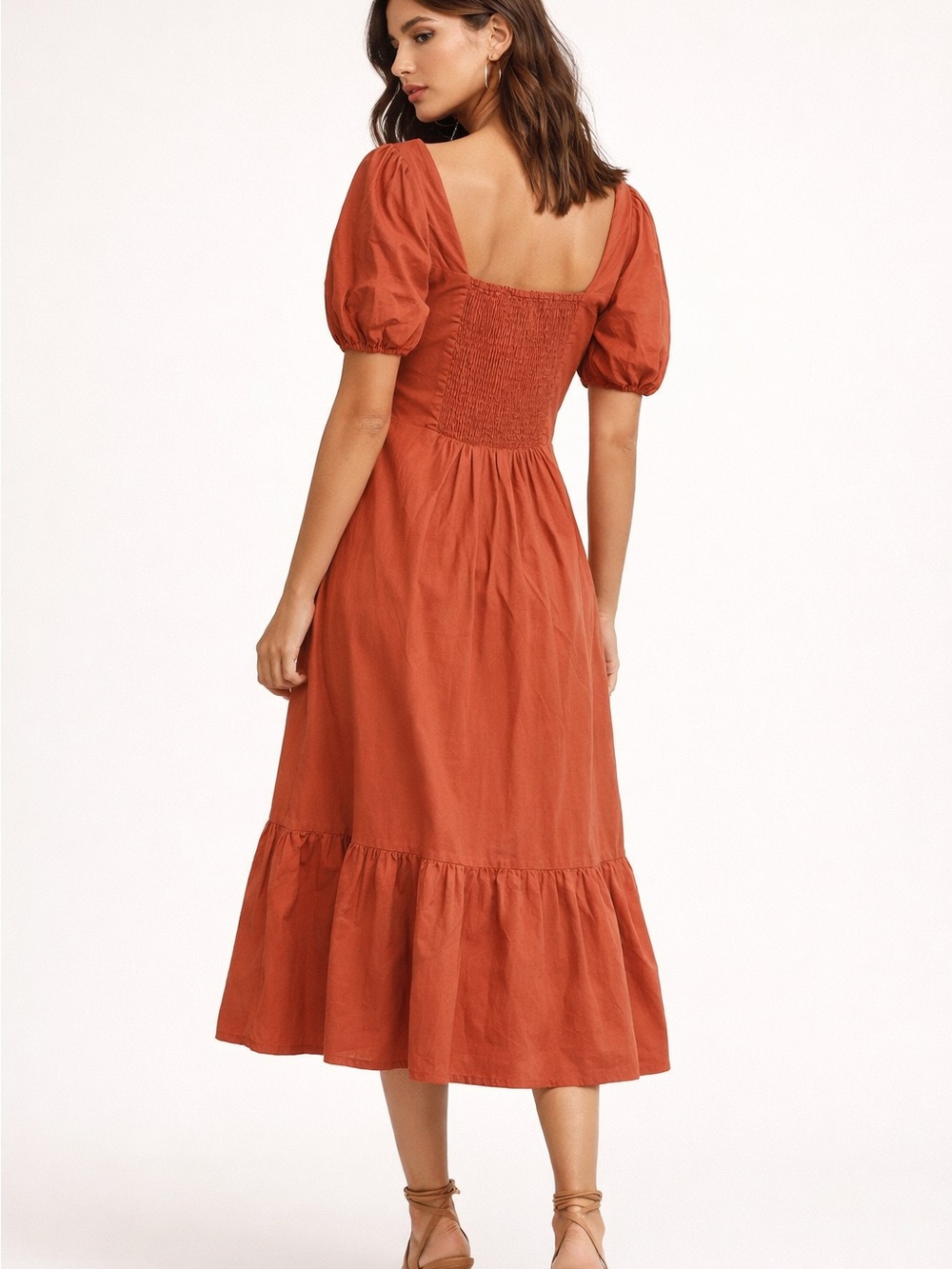 NWOT Astr the Label Terracotta Cotton Puff-Sleeve Midi Dress Smocked Bodice